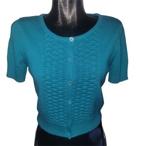 H&M Teal Short Sleeve Textured Knit Detailed Button-Up Fitted Cardigan M